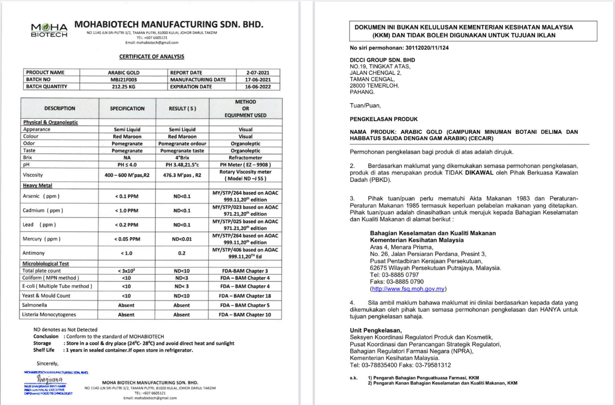 Certificate of
  Analysis Arabic Gold: ujian logam berat dan mikrobiologi