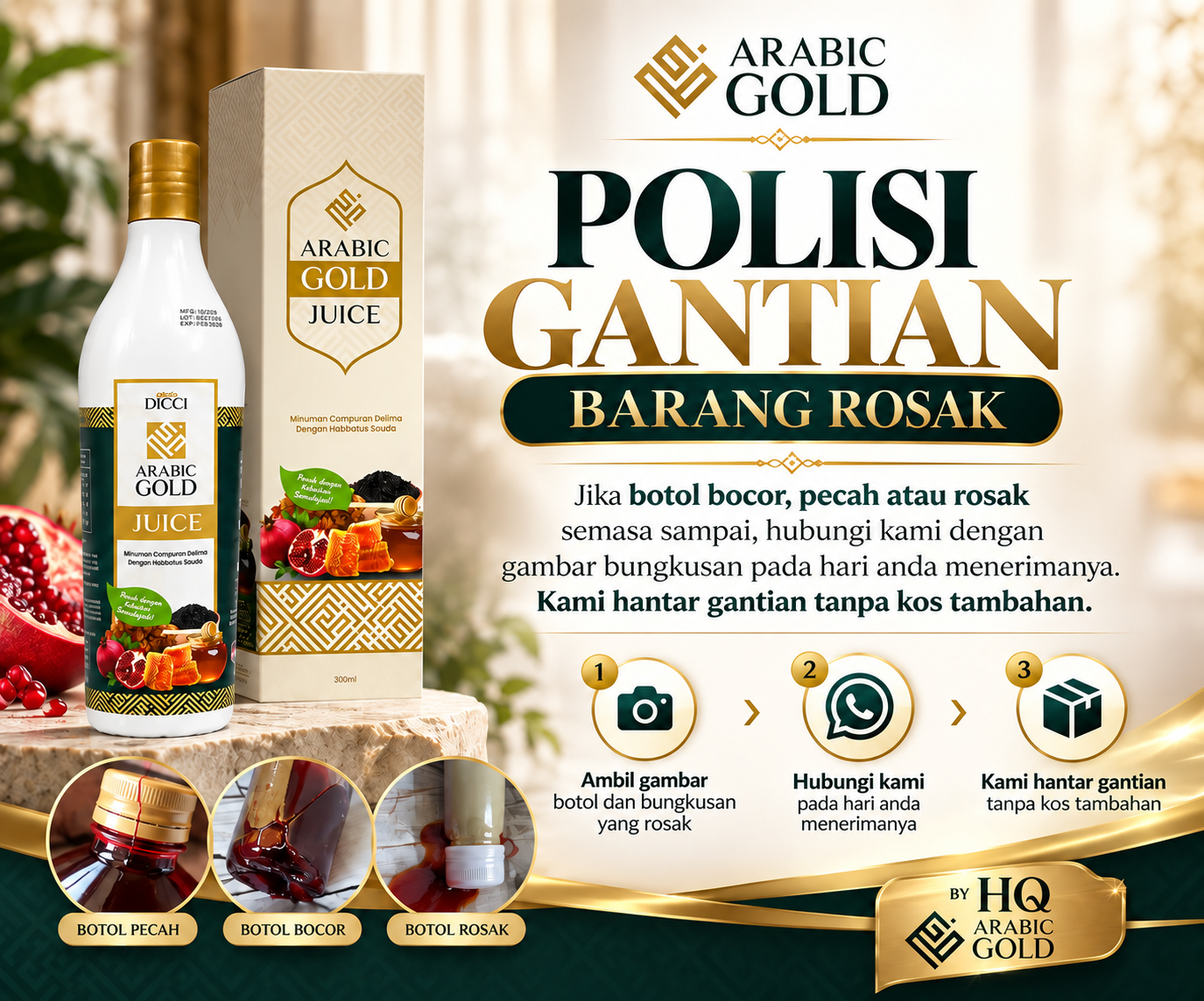 Polisi gantian
  barang rosak: ambil gambar, hubungi kami pada hari diterima, kami hantar gantian tanpa kos tambahan